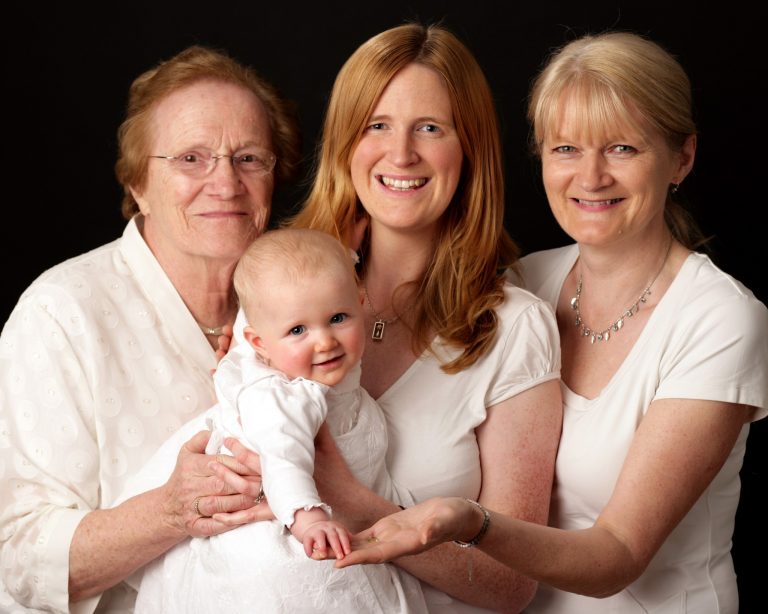 Generational Family Portrait, Great Grandmother, Grandmother, Mother and Daughter Portrait in a Photo Studio